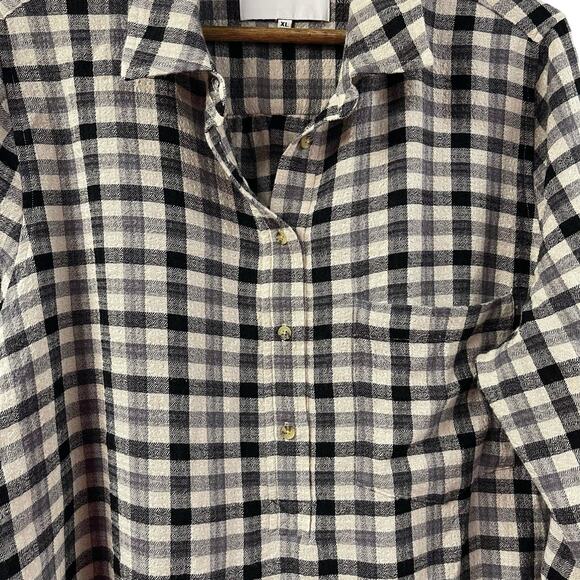 Pistola Flannel Shirt XL Plaid Check Black Ivory Tab Sleeve Button Back Pullover - Picture 4 of 11